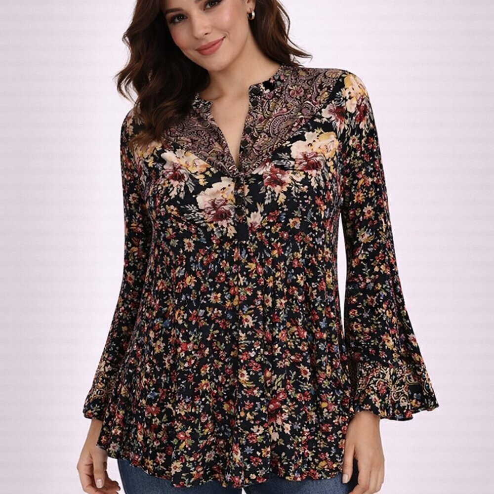 Free People Wildflower Fields Tunic XS Floral Bell Sleeve Boho Top - Picture 1 of 11